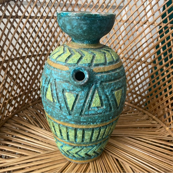 Italy Florentine Art Pottery Sgraffito Pitcher Vase Vessel Rimini Blue Green MCM - Picture 4 of 10
